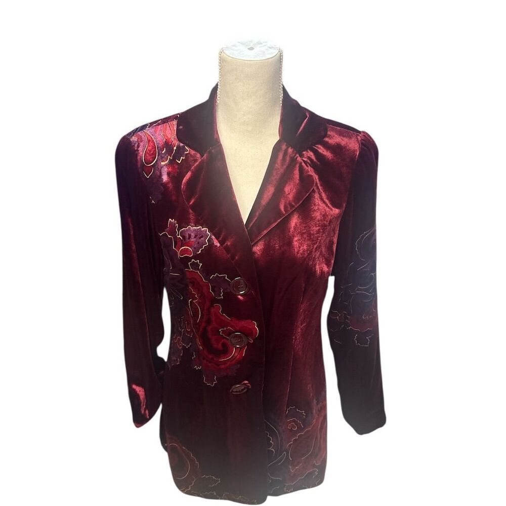 Coldwater Creek NWT Women's Floral Velvet Jacket Burgundy Size 10 Petites